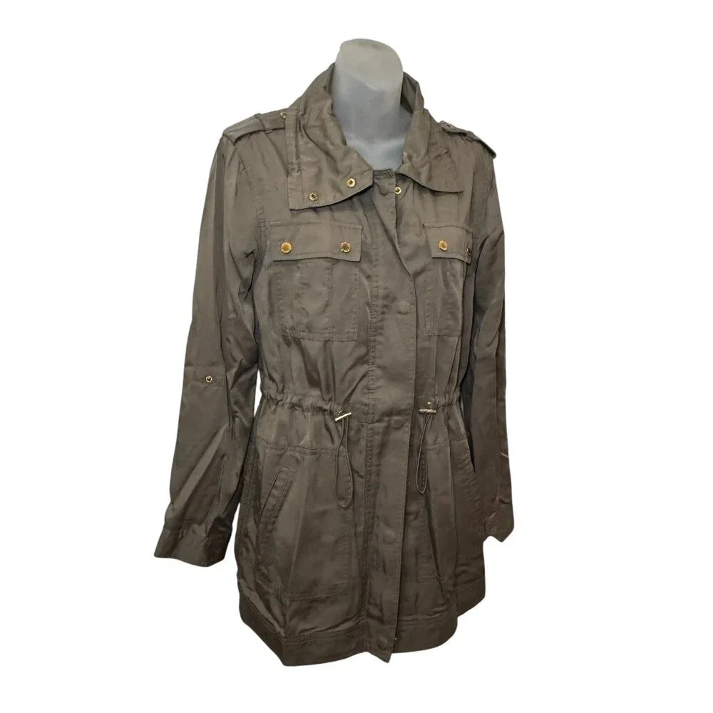 Michael Kors Anorak Coat Jacket Drawstring Waist Khaki Green Gold‎ Hardware XS - Picture 4 of 11